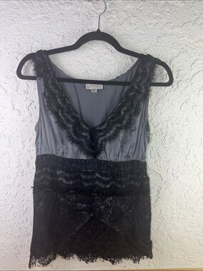 TAHARA Gray and Black Lace Trim Chemise Top